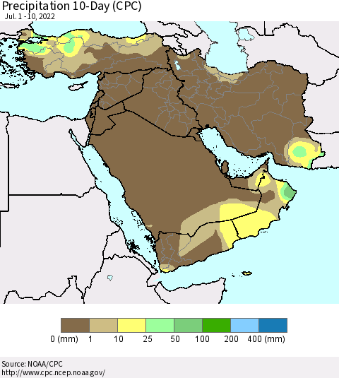 Middle East and Turkey Precipitation 10-Day (CPC) Thematic Map For 7/1/2022 - 7/10/2022