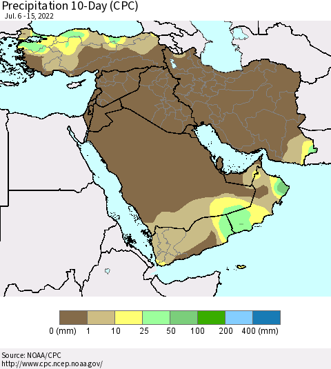 Middle East and Turkey Precipitation 10-Day (CPC) Thematic Map For 7/6/2022 - 7/15/2022