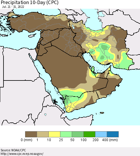 Middle East and Turkey Precipitation 10-Day (CPC) Thematic Map For 7/21/2022 - 7/31/2022