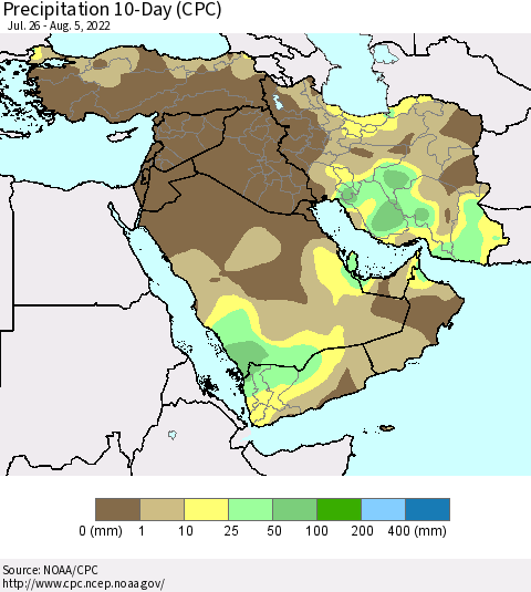Middle East and Turkey Precipitation 10-Day (CPC) Thematic Map For 7/26/2022 - 8/5/2022