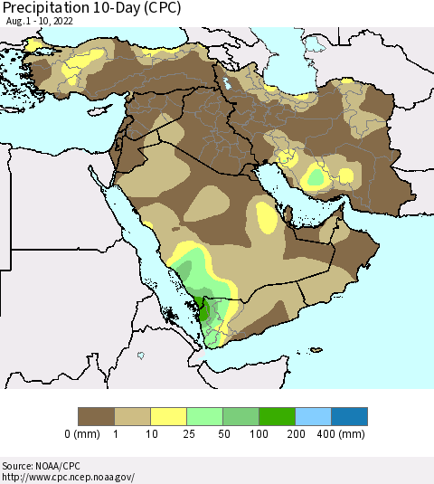 Middle East and Turkey Precipitation 10-Day (CPC) Thematic Map For 8/1/2022 - 8/10/2022