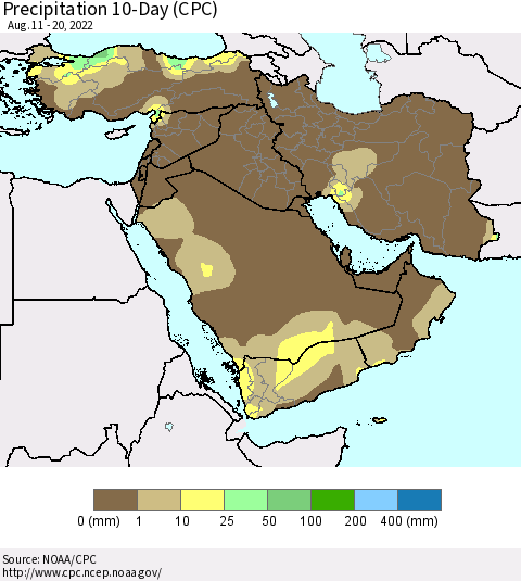 Middle East and Turkey Precipitation 10-Day (CPC) Thematic Map For 8/11/2022 - 8/20/2022