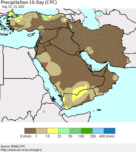 Middle East and Turkey Precipitation 10-Day (CPC) Thematic Map For 8/16/2022 - 8/25/2022