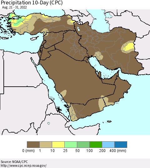 Middle East and Turkey Precipitation 10-Day (CPC) Thematic Map For 8/21/2022 - 8/31/2022