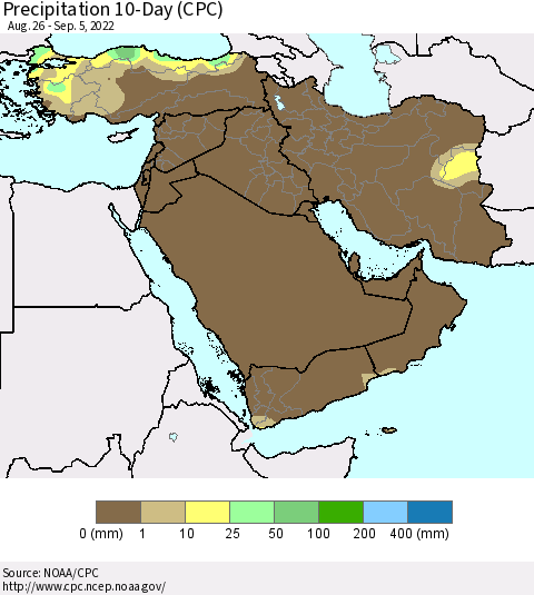 Middle East and Turkey Precipitation 10-Day (CPC) Thematic Map For 8/26/2022 - 9/5/2022