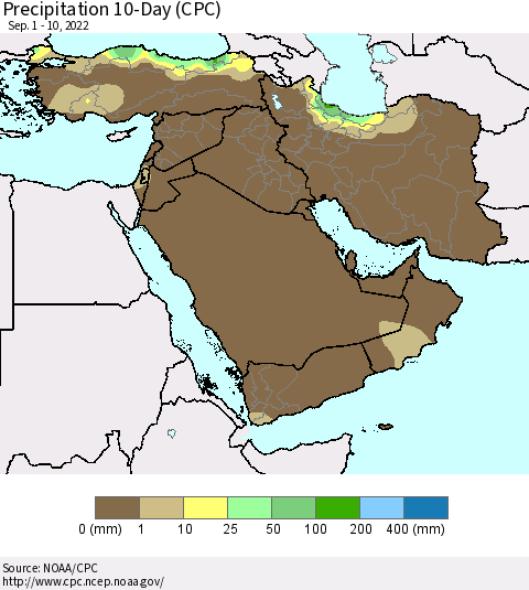 Middle East and Turkey Precipitation 10-Day (CPC) Thematic Map For 9/1/2022 - 9/10/2022