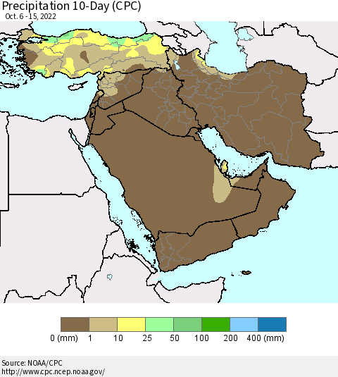 Middle East and Turkey Precipitation 10-Day (CPC) Thematic Map For 10/6/2022 - 10/15/2022