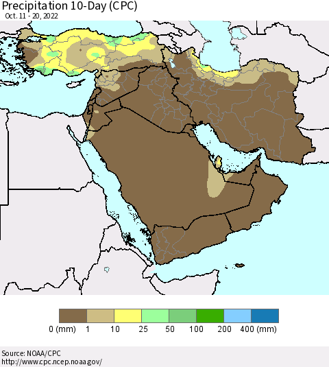 Middle East and Turkey Precipitation 10-Day (CPC) Thematic Map For 10/11/2022 - 10/20/2022