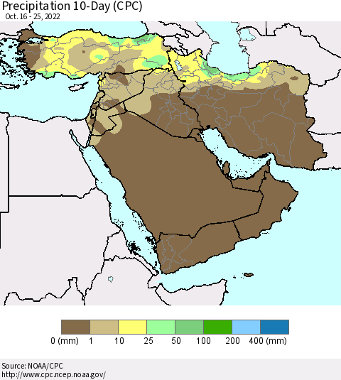 Middle East and Turkey Precipitation 10-Day (CPC) Thematic Map For 10/16/2022 - 10/25/2022