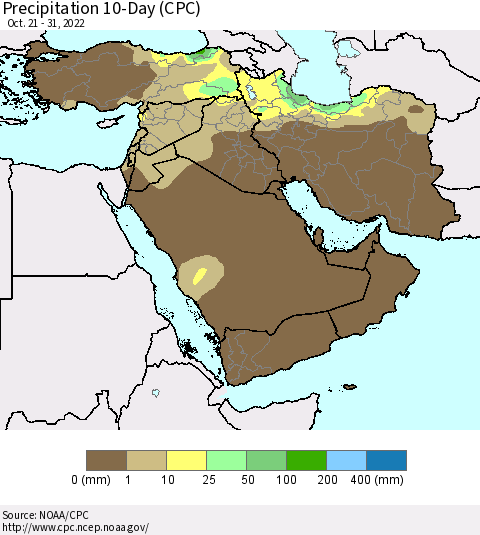 Middle East and Turkey Precipitation 10-Day (CPC) Thematic Map For 10/21/2022 - 10/31/2022