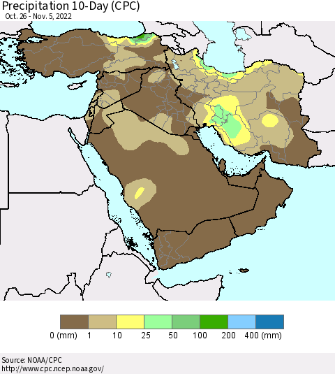 Middle East and Turkey Precipitation 10-Day (CPC) Thematic Map For 10/26/2022 - 11/5/2022