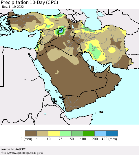 Middle East and Turkey Precipitation 10-Day (CPC) Thematic Map For 11/1/2022 - 11/10/2022