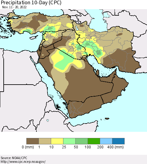 Middle East and Turkey Precipitation 10-Day (CPC) Thematic Map For 11/11/2022 - 11/20/2022