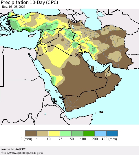 Middle East and Turkey Precipitation 10-Day (CPC) Thematic Map For 11/16/2022 - 11/25/2022