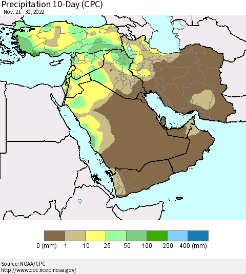 Middle East and Turkey Precipitation 10-Day (CPC) Thematic Map For 11/21/2022 - 11/30/2022