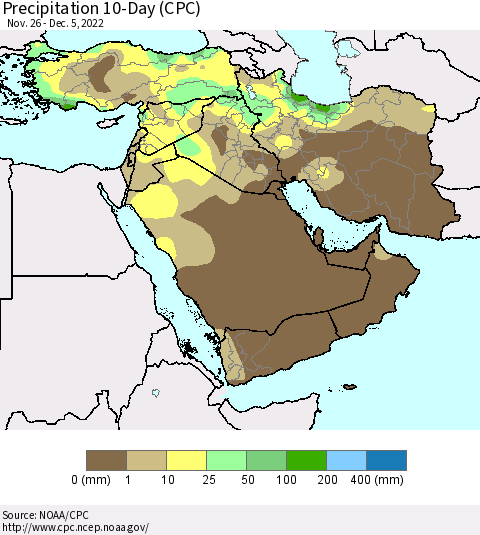 Middle East and Turkey Precipitation 10-Day (CPC) Thematic Map For 11/26/2022 - 12/5/2022
