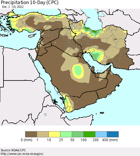 Middle East and Turkey Precipitation 10-Day (CPC) Thematic Map For 12/1/2022 - 12/10/2022