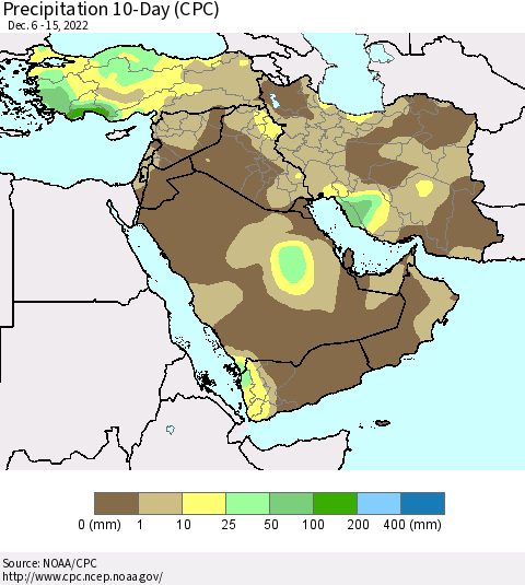 Middle East and Turkey Precipitation 10-Day (CPC) Thematic Map For 12/6/2022 - 12/15/2022