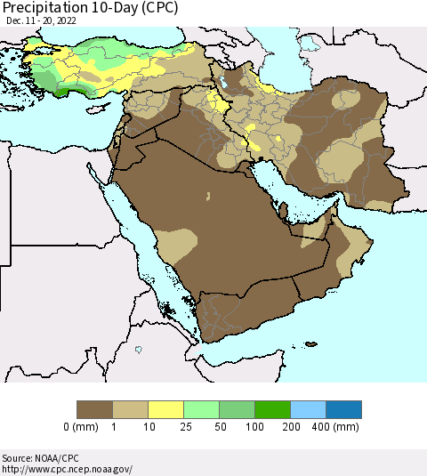 Middle East and Turkey Precipitation 10-Day (CPC) Thematic Map For 12/11/2022 - 12/20/2022
