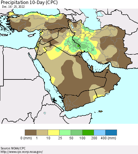 Middle East and Turkey Precipitation 10-Day (CPC) Thematic Map For 12/16/2022 - 12/25/2022