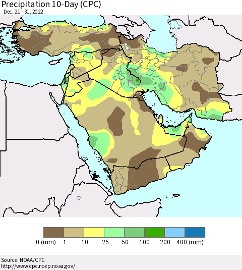 Middle East and Turkey Precipitation 10-Day (CPC) Thematic Map For 12/21/2022 - 12/31/2022
