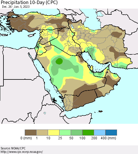 Middle East and Turkey Precipitation 10-Day (CPC) Thematic Map For 12/26/2022 - 1/5/2023