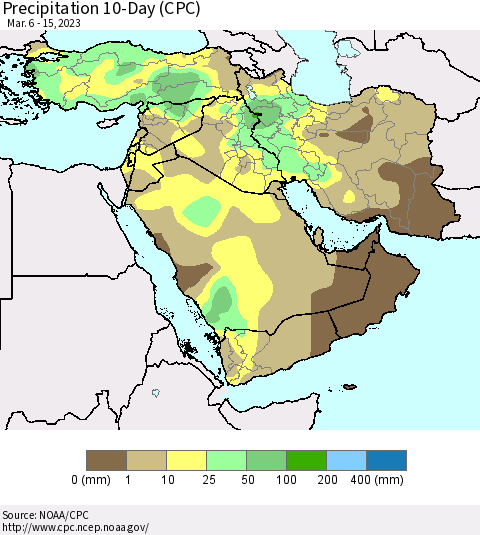 Middle East and Turkey Precipitation 10-Day (CPC) Thematic Map For 3/6/2023 - 3/15/2023