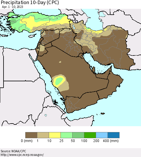 Middle East and Turkey Precipitation 10-Day (CPC) Thematic Map For 4/1/2023 - 4/10/2023