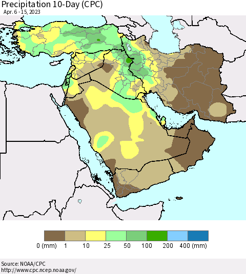 Middle East and Turkey Precipitation 10-Day (CPC) Thematic Map For 4/6/2023 - 4/15/2023
