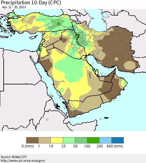 Middle East and Turkey Precipitation 10-Day (CPC) Thematic Map For 4/11/2023 - 4/20/2023