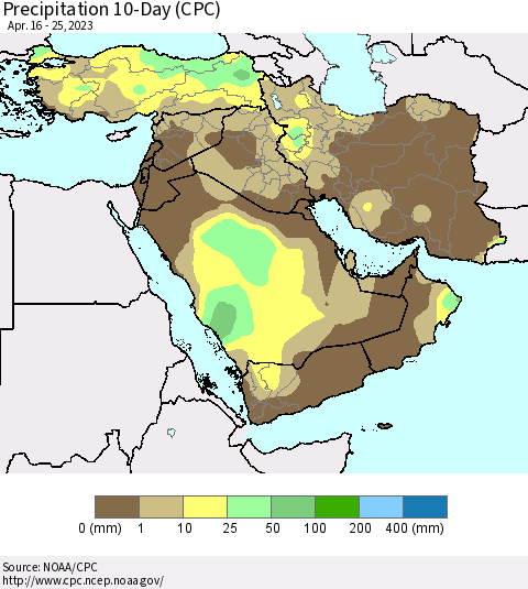 Middle East and Turkey Precipitation 10-Day (CPC) Thematic Map For 4/16/2023 - 4/25/2023
