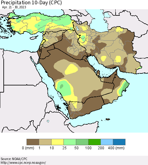 Middle East and Turkey Precipitation 10-Day (CPC) Thematic Map For 4/21/2023 - 4/30/2023