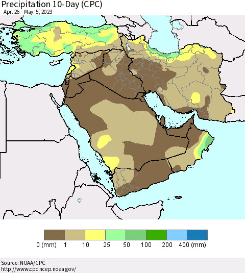Middle East and Turkey Precipitation 10-Day (CPC) Thematic Map For 4/26/2023 - 5/5/2023