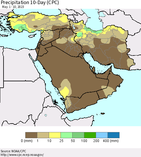 Middle East and Turkey Precipitation 10-Day (CPC) Thematic Map For 5/1/2023 - 5/10/2023