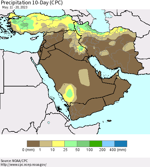Middle East and Turkey Precipitation 10-Day (CPC) Thematic Map For 5/11/2023 - 5/20/2023