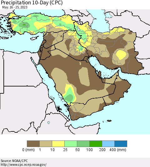 Middle East and Turkey Precipitation 10-Day (CPC) Thematic Map For 5/16/2023 - 5/25/2023