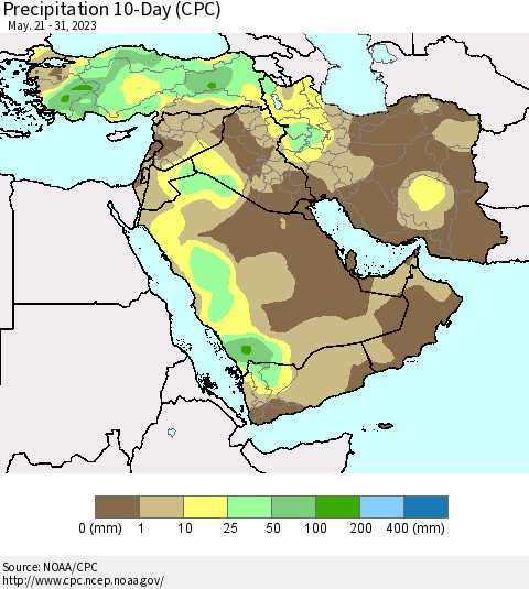 Middle East and Turkey Precipitation 10-Day (CPC) Thematic Map For 5/21/2023 - 5/31/2023