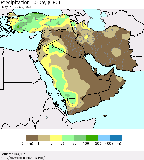 Middle East and Turkey Precipitation 10-Day (CPC) Thematic Map For 5/26/2023 - 6/5/2023