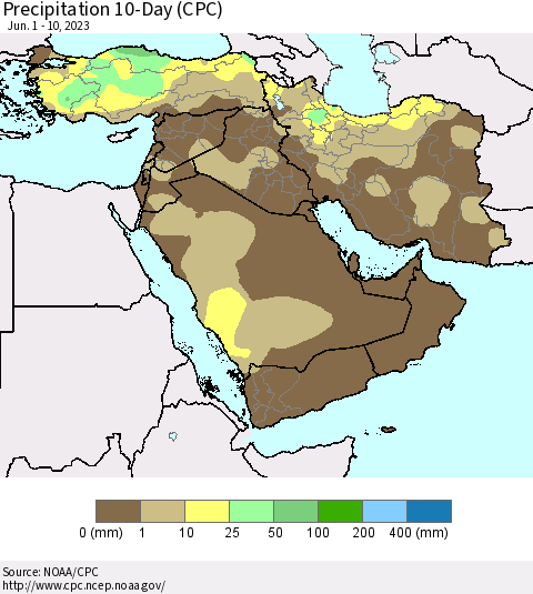 Middle East and Turkey Precipitation 10-Day (CPC) Thematic Map For 6/1/2023 - 6/10/2023