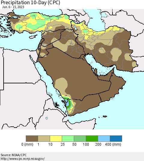 Middle East and Turkey Precipitation 10-Day (CPC) Thematic Map For 6/6/2023 - 6/15/2023