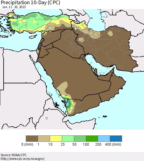 Middle East and Turkey Precipitation 10-Day (CPC) Thematic Map For 6/11/2023 - 6/20/2023