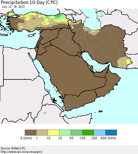 Middle East and Turkey Precipitation 10-Day (CPC) Thematic Map For 6/21/2023 - 6/30/2023
