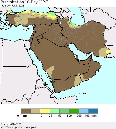 Middle East and Turkey Precipitation 10-Day (CPC) Thematic Map For 6/26/2023 - 7/5/2023