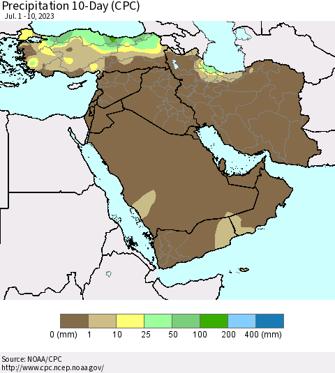 Middle East and Turkey Precipitation 10-Day (CPC) Thematic Map For 7/1/2023 - 7/10/2023