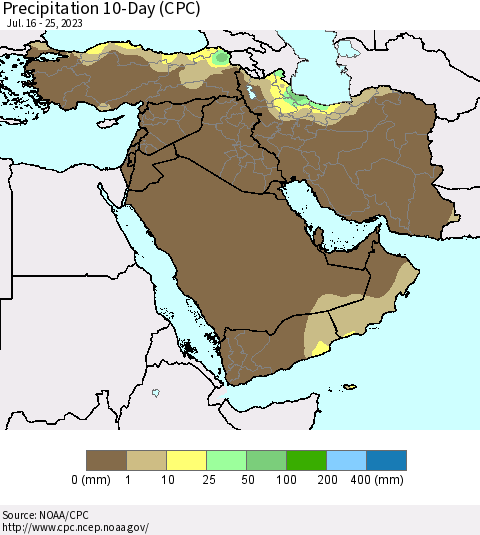 Middle East and Turkey Precipitation 10-Day (CPC) Thematic Map For 7/16/2023 - 7/25/2023