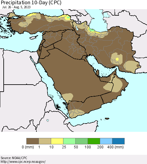 Middle East and Turkey Precipitation 10-Day (CPC) Thematic Map For 7/26/2023 - 8/5/2023