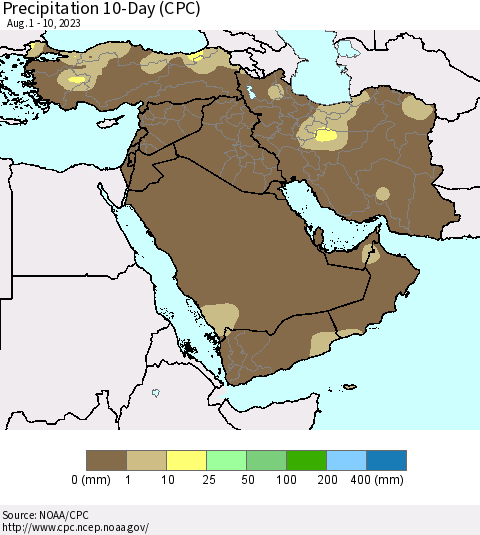 Middle East and Turkey Precipitation 10-Day (CPC) Thematic Map For 8/1/2023 - 8/10/2023