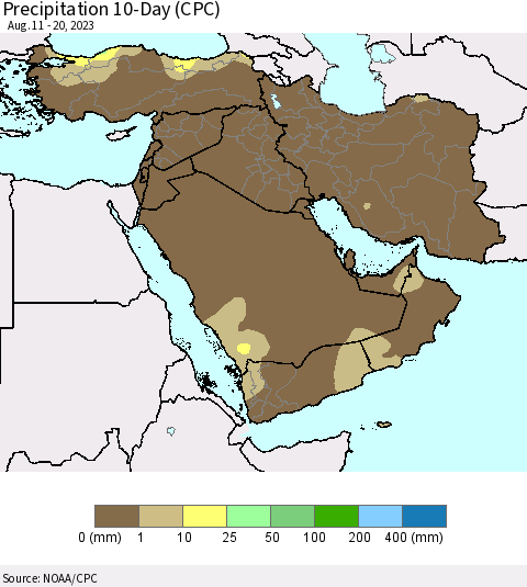 Middle East and Turkey Precipitation 10-Day (CPC) Thematic Map For 8/11/2023 - 8/20/2023