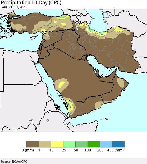 Middle East and Turkey Precipitation 10-Day (CPC) Thematic Map For 8/21/2023 - 8/31/2023