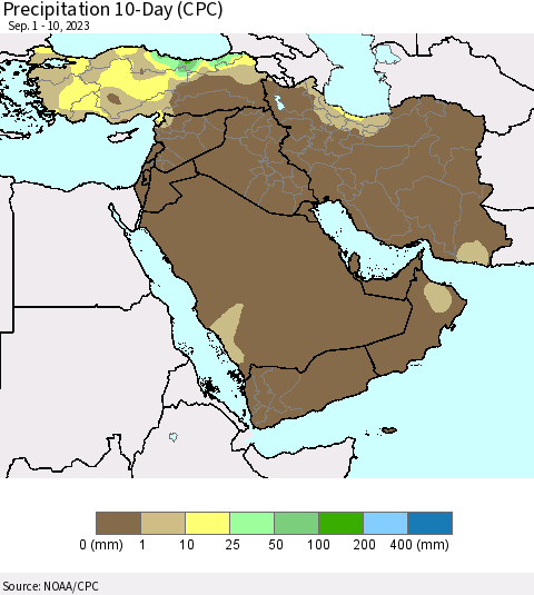 Middle East and Turkey Precipitation 10-Day (CPC) Thematic Map For 9/1/2023 - 9/10/2023